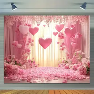 2D Flat 1pc Romantic Pink Wedding Backdrop with Hearts and Flowers- Polyester Photography Background for Living Room Bedroom Office Outdoor Decor Parties and Holiday Gifts Event Photography Floral Theme Romantic Design Wrinkleresistant Tapestry