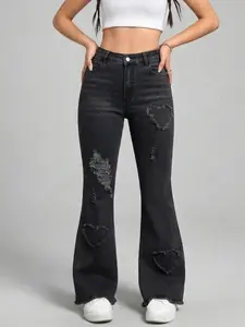 Women's Fashion Jeans, Heart Embroidery, Ripped Effect, Loose Fit, Casual Style, Streetwear, Daily Wear, All Seasons Women's Denim Jeans, Pants