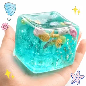 Squishy Stress Cube for Adults, Soft Squishy Seashell Jelly Squeeze Cube Toy, Glitter Stress Balls Slow Rising Sensory for Anxiety Stress Relief Stocking Stuffers Holiday and Birthday Gifts