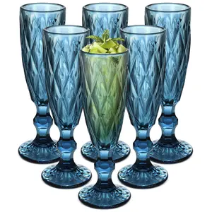 Luxury Retro Embossed Glass Champagne Flutes, 6-Pack 5 oz/150 ml Vintage Goblets - Kitchen Drinkware Glassware for Weddings, Home Use - Elegant Multi-Use Decor Glasses for Wine, Cocktail (Blue)