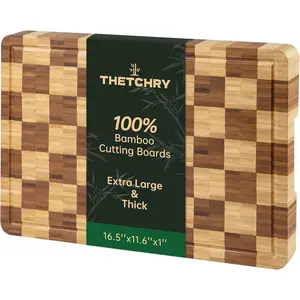 Bamboo Cutting Boards for, End Grain Wood Cutting Board with Juice Grooves & Handles, Charcuterie Checkered Chopping Board Thick Block Serving Tray with Gift Box, 16.5"*11.6"* 1"