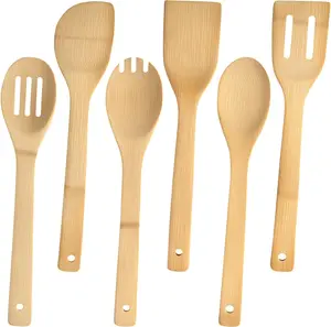 Bamboo Wooden Spoons for Cooking 6-Piece, Nonstick Bamboo Kitchen Utensils Set Wood Spatulas Spoons for Daily Use, Housewarming Gifts