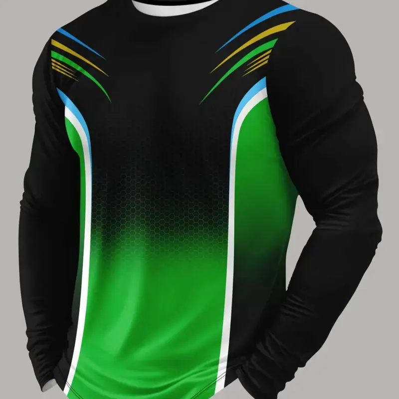 Men's Black Green Gradient Long Sleeve Athletic Shirt, Quick Dry Breathable Color Block Sport T-Shirt for Gym Running Outdoor Activities