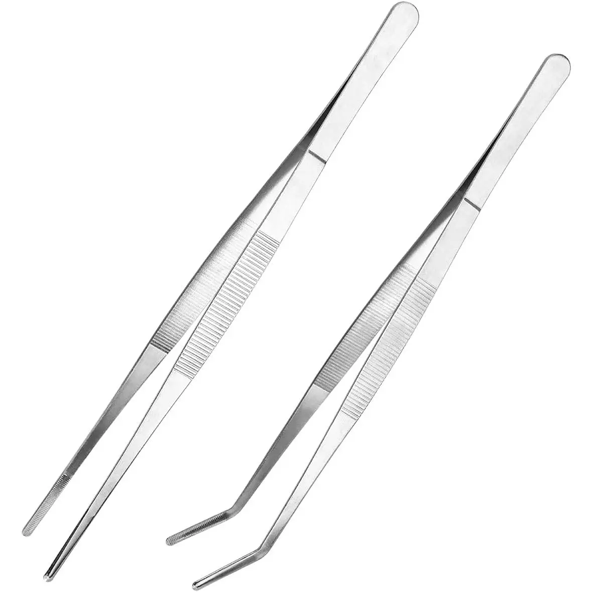Kitchen Long Tweezers Set,  2 count 12 Inch Stainless Steel  Tweezers with Precision Serrated Tips for Cooking & Baking (Straight + Curved)