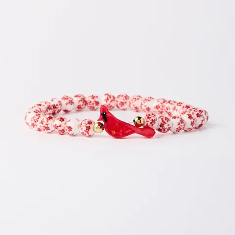 Holy Water Porcelain Red Cardinal Bird Memorial Bracelet, 6.8" Circumf., Waterproof Gold Accents, Flexible Cord for Easy Wear, Remembrance Unique Costume Jewelry for Memorial Day