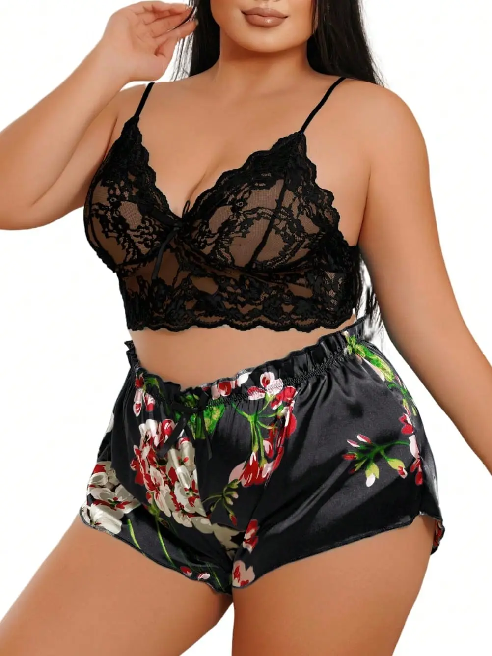 ZGQNBelle Plus Size Floral Lace Pajama Set For Women Satin Camisole And Shorts Sexy Lingerie Summer Sleepwear Valentines Loungewear Bachelorette Party Outfit Bra Breathable Adjustable Womenswear