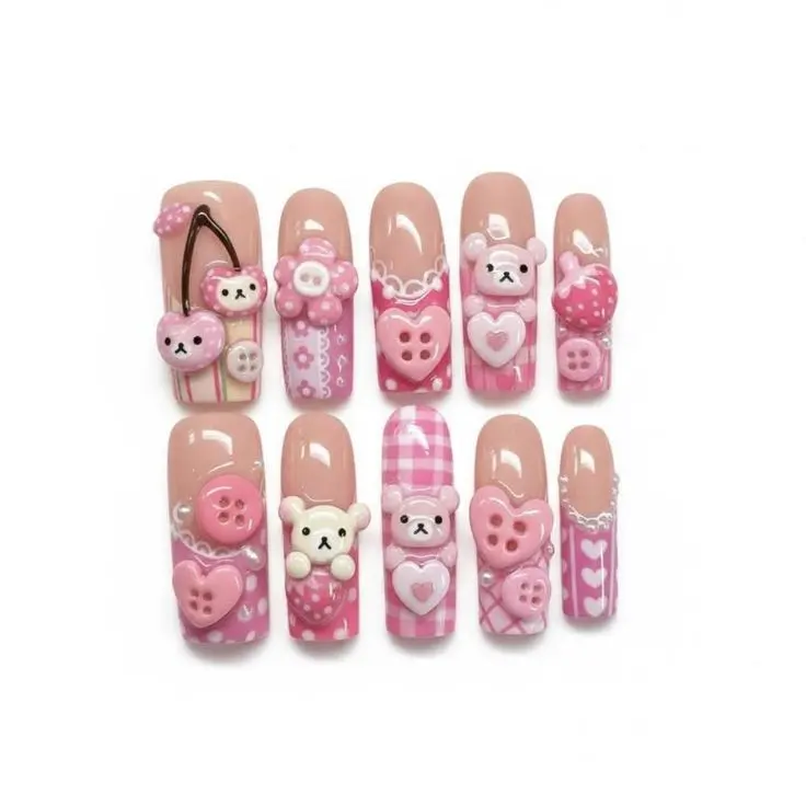 Pink Y2K Press On Nails, 3D Gamer Bear and Skull Design, Retro Virtual Pet Inspired, Zebra Swirl Glitter Star, Kawaii Chunky Charms, Handmade Reusable Square Nail Set