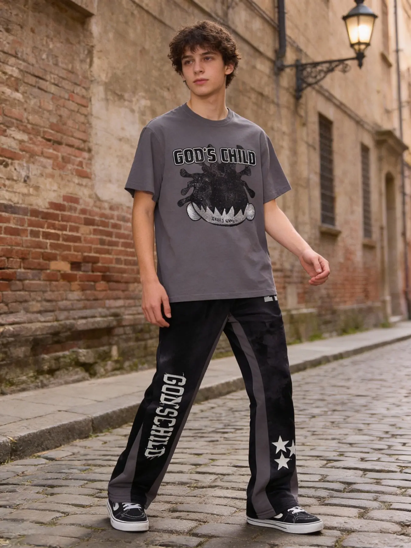 Teen Boys Casual Graffiti Star Letter Print Short Sleeve T-Shirt + 