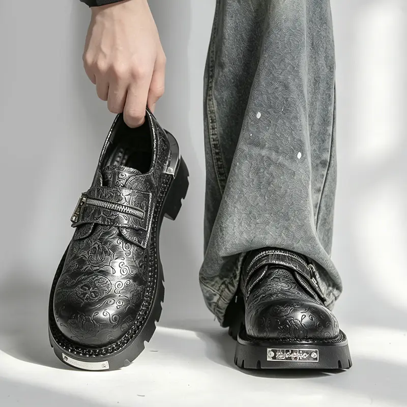 Men Gothic Platform Monk Shoes Skull Paisley Embossed Leather Zipper Buckle Strap Metal Trim Chunky Lug Sole Height Increasing Punk Streetwear Casual Shoes For Daily Jeans Matching