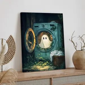 1pc Wooden Framed, Spooky Ghost in Washing Machine Wall Art Canvas Painting, Halloween Laundry Room Print Poster, Cute Wall Pictures, For Bathroom, Bedroom, Office, Living Room, Wall, Room, Home Decor Ideas