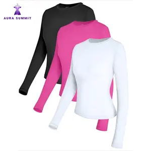 Aurasummit Women's 3-Piece Dopamine solid color round neck long sleeved shirt Long Sleeve Shirts Basic Crop Tops Going Out Fall Fashion Underscrubs Layer Slim Fit Y2K Tops Soft Fabric Crew Neck Casual Streetwear Haze Black Friday Christmas