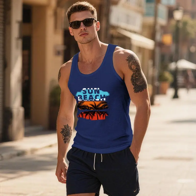 Men's Tropical Print Tank Top, Casual Streetwear Polyester Spandex Blend Sleeveless Shirt for Summer Beach Vacation, Tp632