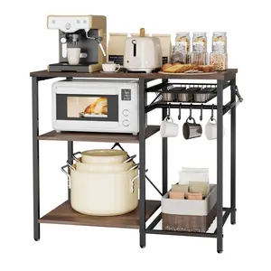 Particle Board Kitchen Baker's Rack, 35.4-in Width Multi-Layer Storage Shelf with X-Shaped Support Bar, Adjustable Heights, 5-Piece Hook Set, Coffee Bar Stand for Dishes & Spice Bottles, Hooks Set