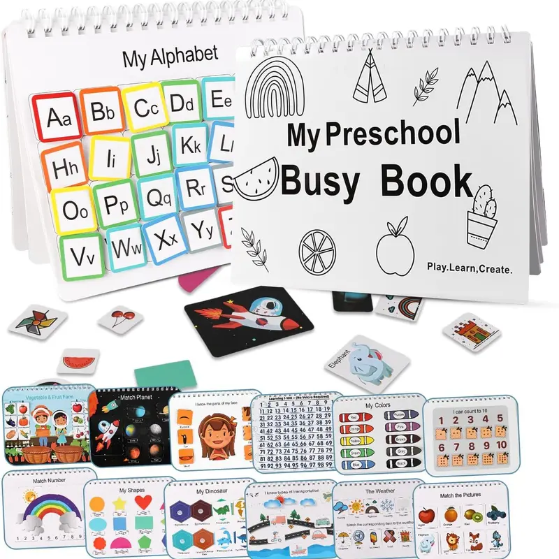 Mallify Montessori-Inspired Busy Book for Toddlers 3-5, 30-Themes Travel-Ready Preschool Learning Binder with Tracing, Coloring Activities, Teaching Supplies, Safe Materials, Toddler Toys, Visual Learning Tools for Car, Train, Camping