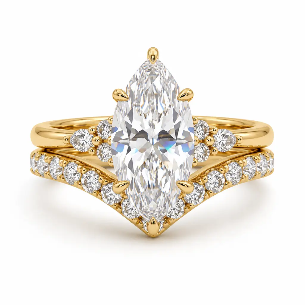 Gold-Tone 2-Piece Marquise-Shaped Ring Set with Faceted Clear Accents & V-Shaped Stackable Band