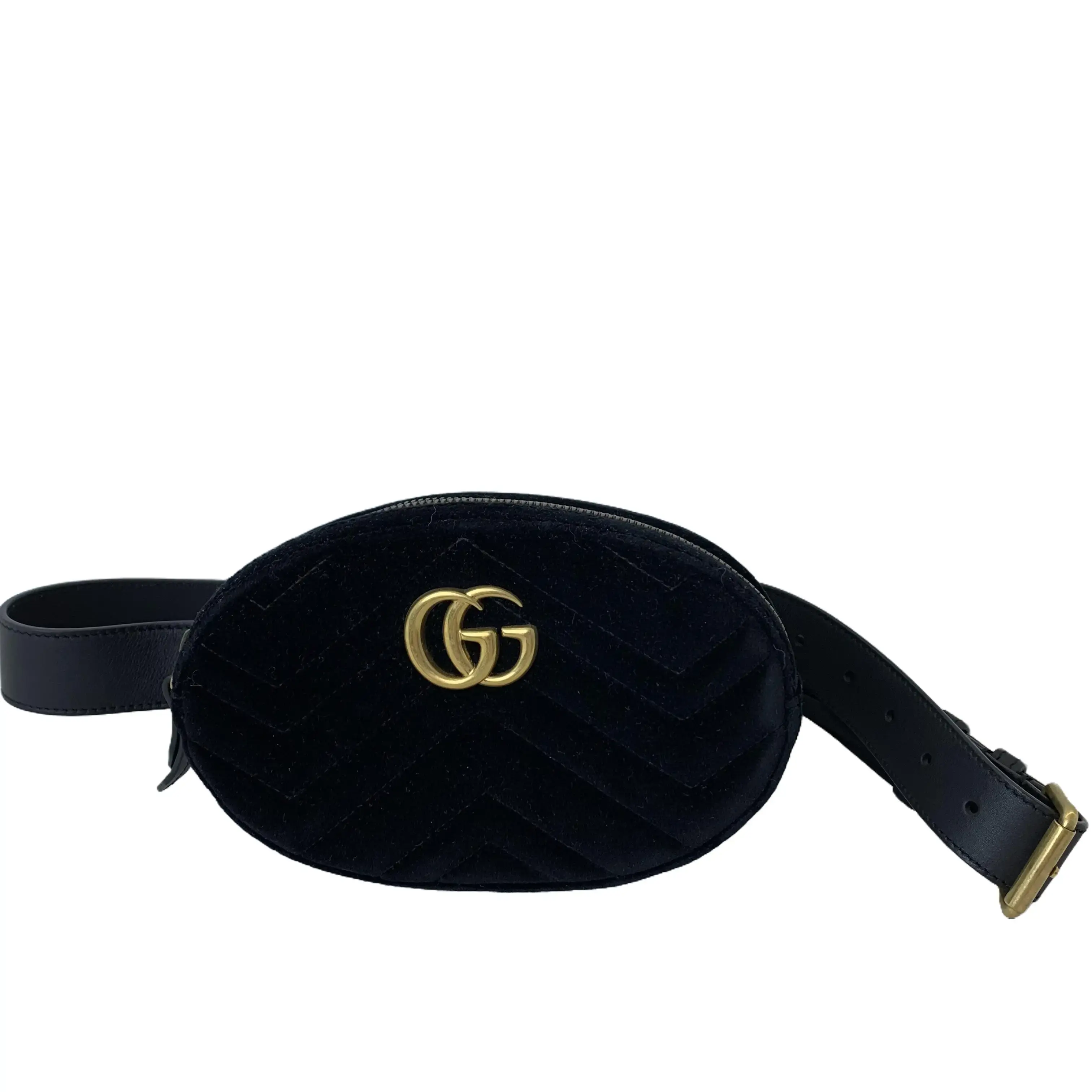 Pre-owned GUCCI GG Marmont Black Chevron Velvet Oval Belt Fanny Pack Waist Bag with Antique Gold Double G Hardware TKB00000020