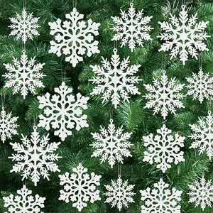 24PCS Snowflake Ornaments Christmas White Glitter Plastic Snowflakes Hanging Decor for Xmas Tree Indoor Ceiling Fireplace Winter Wonderland Decor