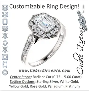 Cubic Zirconia Engagement Ring- The Faida (Customizable Cathedral-set Radiant Cut Design with Halo and Milgrained Pavé Band)