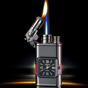 Windproof Lighter, Vintage Lighter with Watch, Jet Torch/Soft Flame Switchable Lighters, Cool Lighters with Adjustable Flame Dial, Butane Refillable for Men/Husband (Fuel Not Included) vintage  lighter butane fuel