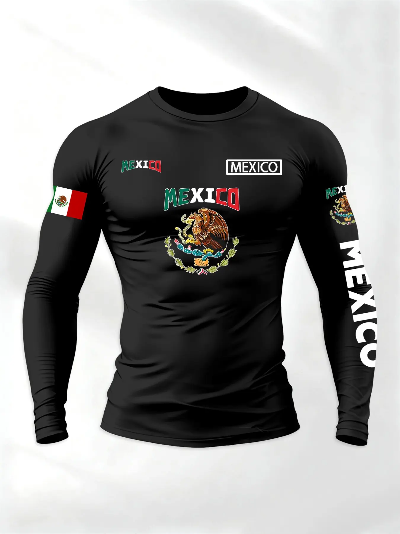 Men's Round Neck Long Sleeve T-Shirt, Athletic T Shirt, Casual Athletic Style, Sporty T Shirt, Mexican God Eagle Snake Letter Pattern Sportswear, Casual Fashion Daily Top, Comfortable Versatile Trend Piece, Casual Sports Tops