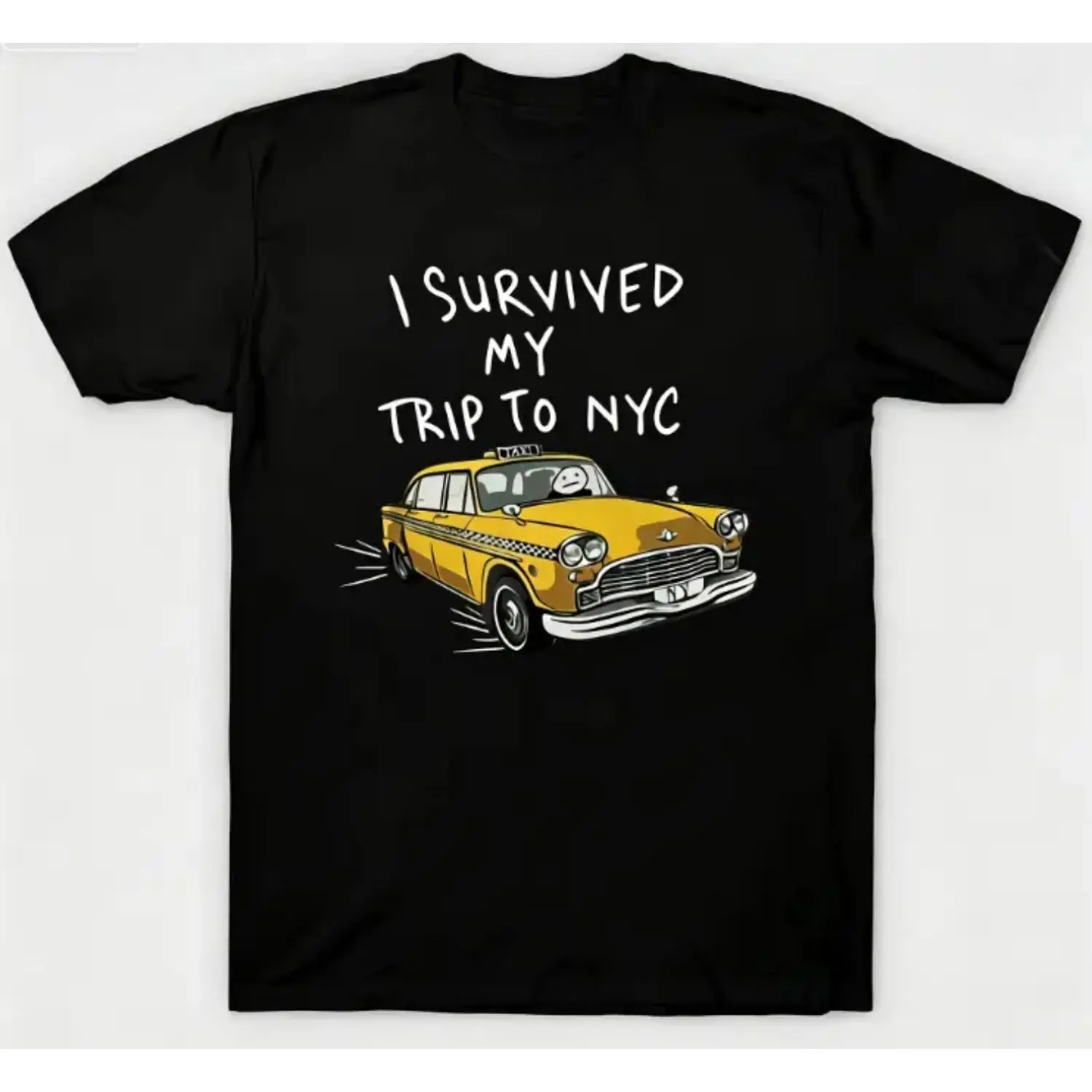 Oversized Crew Neck Short Sleeve T Shirt Featuring Handwritten I Survived My Trip To Nyc Text With Vintage Yellow New York Taxi Cartoon Graphic Unisex Soft Cotton Casual Travel Souvenir Basic Daily Top