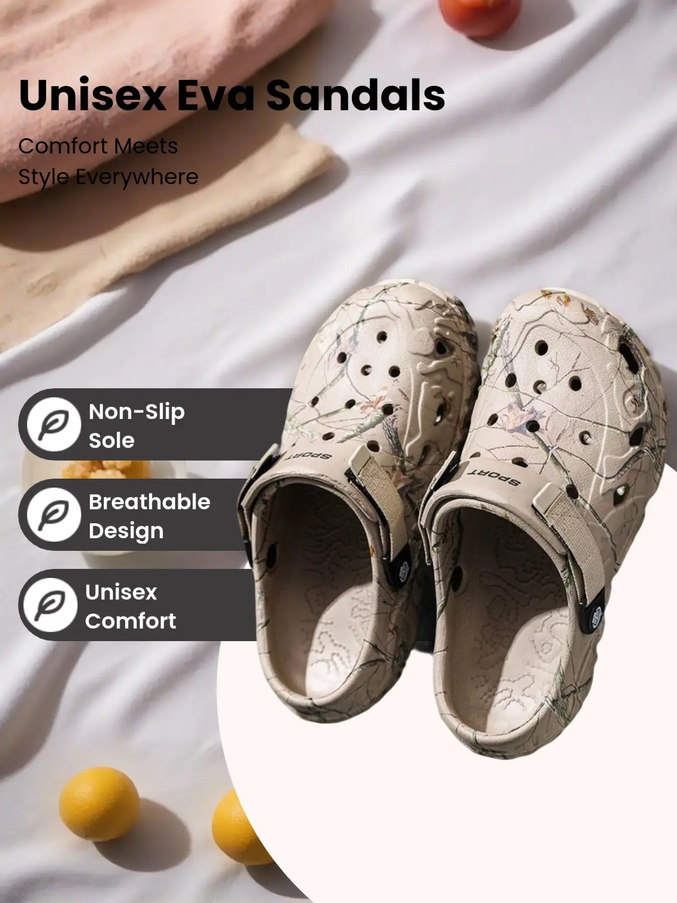 Men's Khaki Camo Print Clogs with Adjustable Heel Strap, Breathable EVA Non-Slip Summer Slippers, Versatile for Camping, Beach, Bathroom & Home