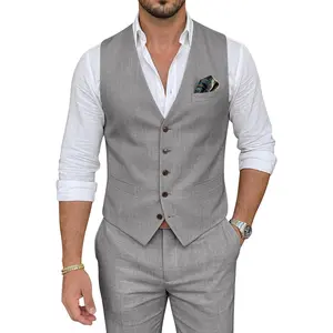 Men's Casual Linen Suit Set 2 Piece Slim Fit Wedding Suits Prom Groomsmen Suit Tuxedos Beach Suits Vest Pants