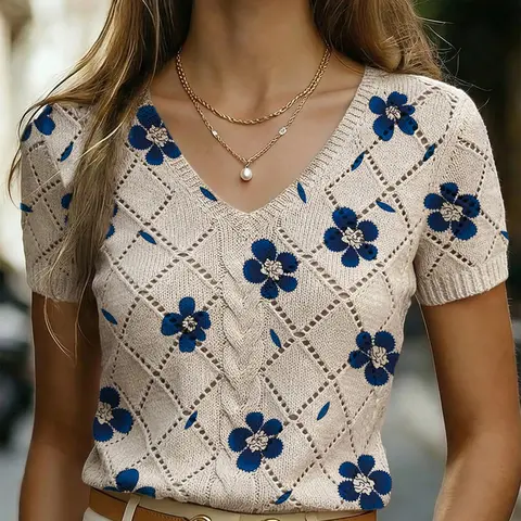 Spring & Summer V-Neck Rhombus Cut-Out Short-Sleeve Top, Floral-Print Knitwear, Casual Classy Elegant Commuter Style, Breathable Women's Top