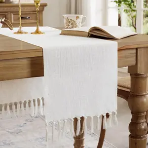 Style Rustic Table Runner, Farmhouse Cotton Table Runner, Boho Table 72 Inches Long with Hand Tassels for Home Tabletop Decor and Use - Off White, 72 Inch