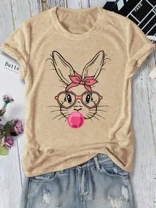 Cute Bunny Blowing Bubblegum Heart Glasses Polka Dot Bow Graphic T Shirt Easter Rabbit Oversized Women Casual Tee