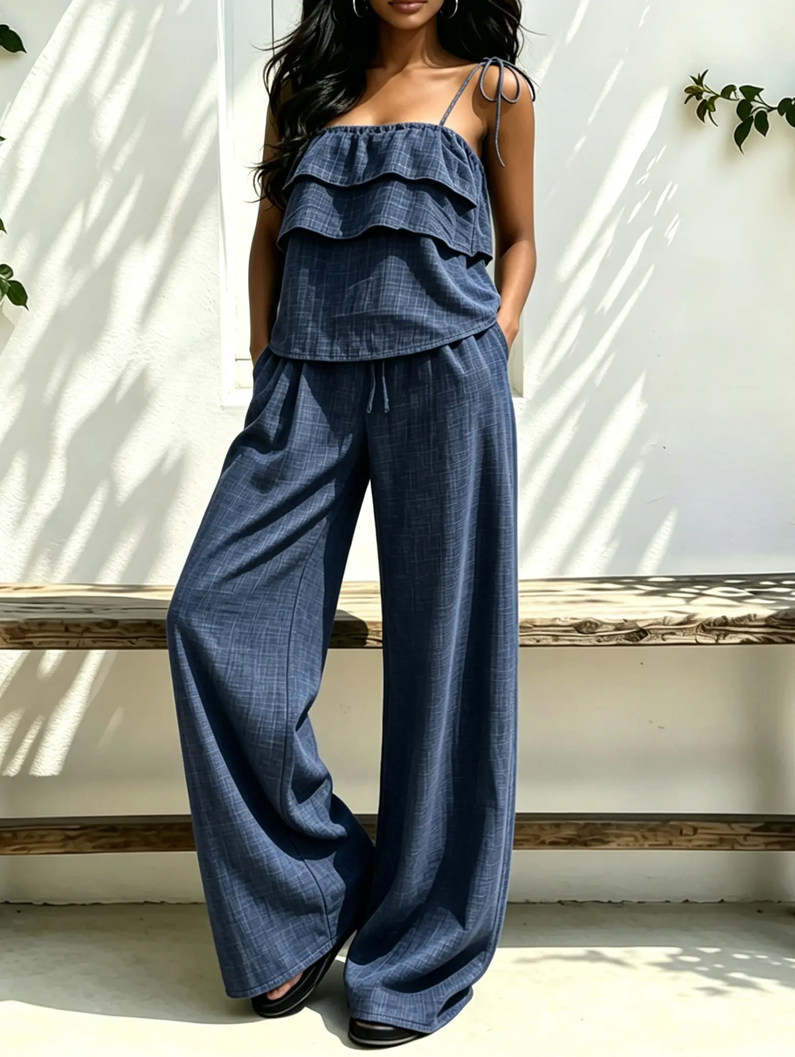 Women's 2-Piece Matching Outfits Set - Spaghetti Strap Blue Tiered Ruffle Cami Top, High Waist Wide Leg Pants, Lightweight Comfortable Beach Everyday Basic Womenswear