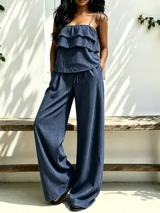 Women's 2-Piece Summer Basic Sleeveless Blue Tiered Ruffle Cami Top & High Waist Wide Leg Pants Set - Lightweight, Comfortable Beach Vacation Casual Outfit