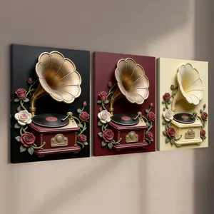 3-count wooden frame canvas, retro vinyl record player and rose art poster, light luxury and high-end decoration, fashionable family poster, modern living room decoration, suitable for corridor and bedroom walls, waterproof art