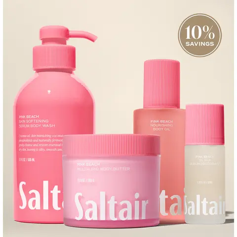 Saltair Pink Beach Bodycare Vault Set - Serum Body Wash (17 fl oz), Serum Deodorant (1.7 fl oz), Nourishing Body Oil (4 fl oz) & Multi-Lipid Body Butter (10 oz) Bundle for Soft, Glowing Skin -  Coconut, Almond Blossom, Vanilla.