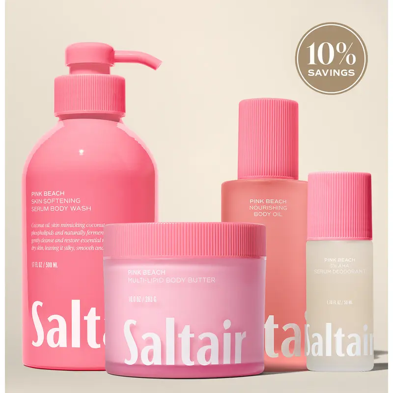 Saltair Pink Beach Bodycare Vault Set - Serum Body Wash (17 fl oz), Serum Deodorant (1.7 fl oz), Nourishing Body Oil (4 fl oz) & Multi-Lipid Body Butter (10 oz) Bundle for Soft, Glowing Skin -  Coconut, Almond Blossom, Vanilla.