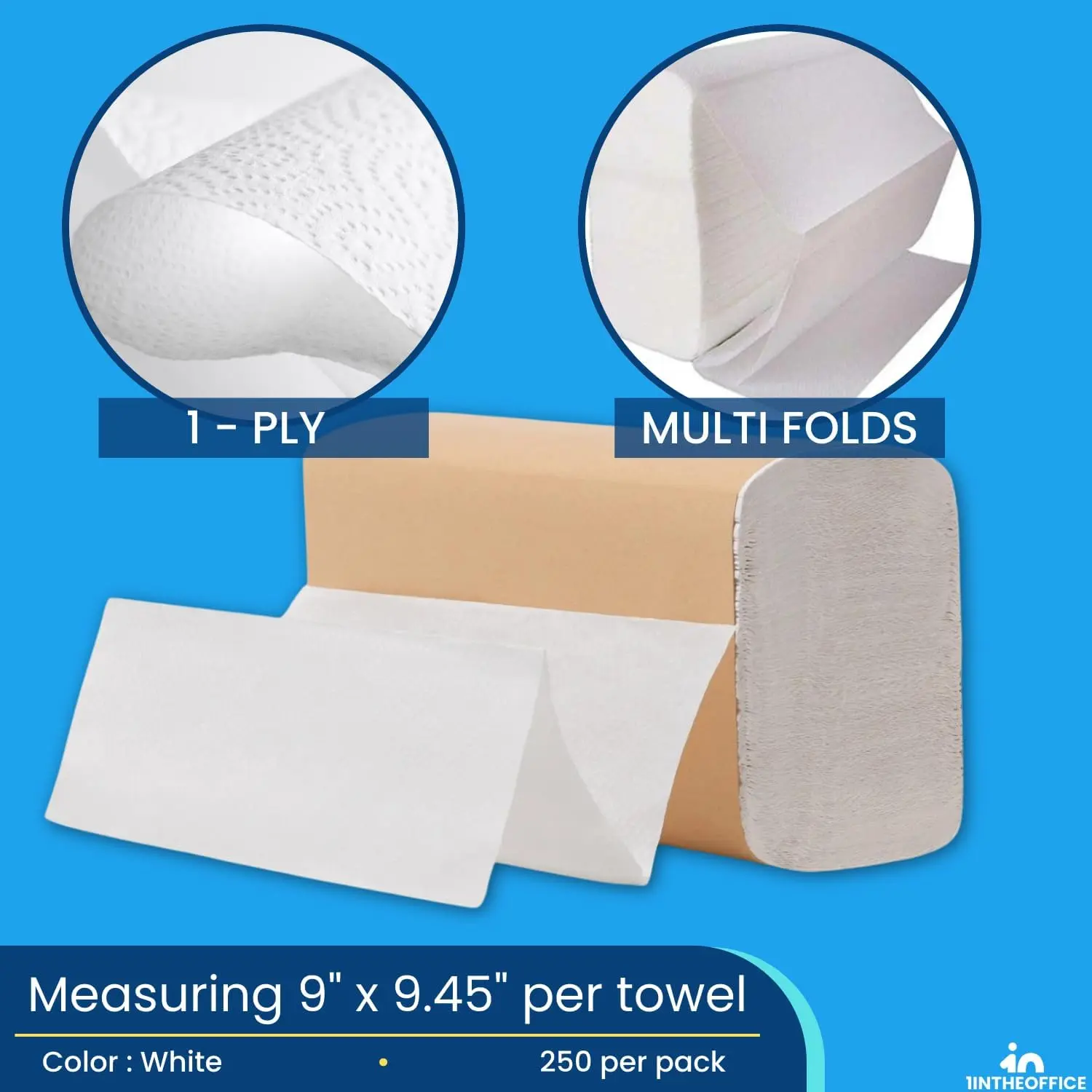 1InTheOffice Multifold Paper Towels, Paper Hand Towels for Bathroom, Folded Paper Towels, 1-Ply, 9" x 9.45", 250 Towels/Pack, 4 Pack