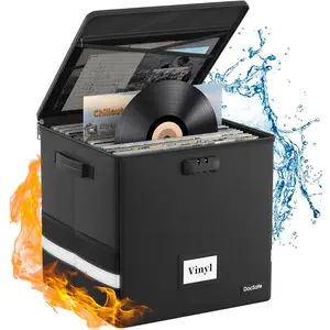 Vinyl Record Storage Box with Lock,Fireproof & Water Resistant Record Organizer for 100+ 12-inch Single Records,Collapsible Storage Crate with Lid&Handles for Valuable Album Collection