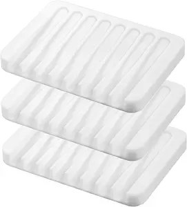 Self Draining Soap Dishes, 3 Pcs Silicone Soap Saver, Waterfall Drainer Soap Holder for Bathroom, Extend Soap Life, Keep Soap Bars Dry Clean & Easy Cleaning (White, Gray, Teal)