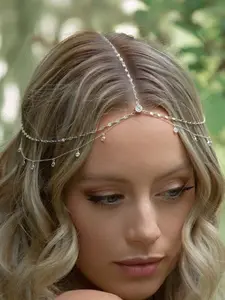 Luxurious Bride Headpiece Chain, Bohemian Style Rhinestone Forehead Chain, Wedding Crown, Silver Color Hair Accessory Jewelry