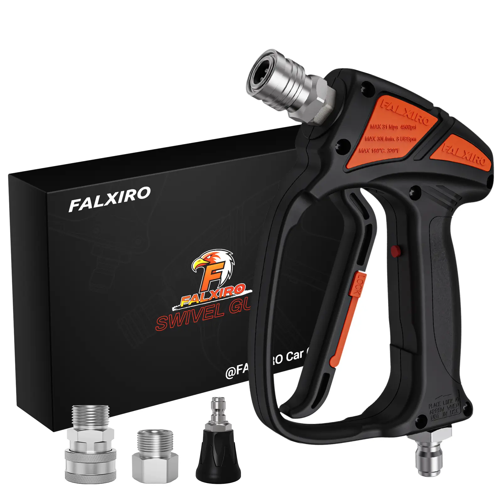 FALXIRO Swivel Pressure Washer Gun - 4500PSI Short Spray Gun with Anti-Tangle Quick Connector, Complete Kit, Light Trigger, Ergonomic Grip, 3/8in & 1/4in Connects for Gas/Electric Washers, Car Washing