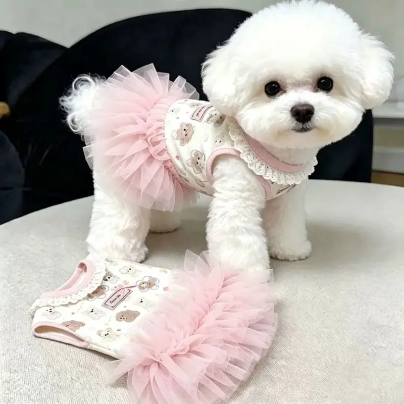 Summer Pet Princess Dress, Pink Frilly Lace Tutu Skirt with Bow, Cute Cat Dog Birthday Outfit, Adjustable Soft Puppy Pageant Costume, Small Dog Wedding Flower Girl Clothes, Clothing