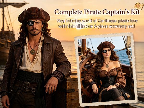 6 Pcs Unisex Pirate Costume Accessories Set, Men Women for Halloween Costumes Distressed Leather Tricorn Hat, Skull Eye Patch, Black Sash Belt, Earring, Skull Pendant Necklace & 4 braided Bracelets for Pirate Cosplay Party