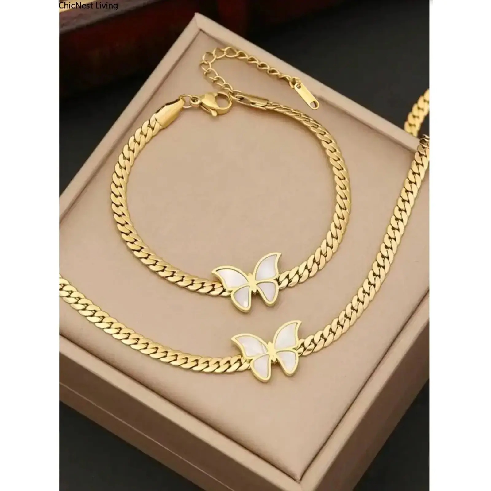 Women's 2-Piece Butterfly Motif Stainless Steel Jewelry Set - Gold Chain Necklace & Bracelet, Butterflies Set, Non Tarnish Tarnish Proof Jewelry, Gold Necklace Women, Elegant Gift-Ready Fashion Accessory,summerwins