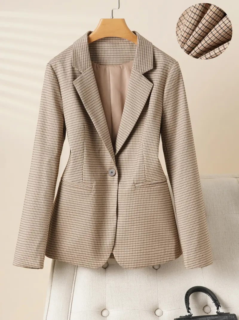 Women's Plaid Lapel Blazer Jacket, Spring & Fall Fashion Long Sleeve Office Wear, Casual Elegant Outerwear for Women, Business Attire Clothes
