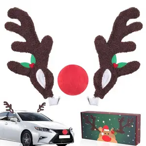 Christmas Car Reindeer Antlers Decoration Kit with NO LIGHTS- HOMEYA Christmas Car Reindeer Ears & Red Nose for Vehicle Cars SUVs Vans Trucks Decorations, Greeting Card Included for Christmas Gifts