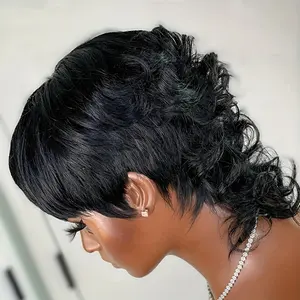 2025 NEW Wholesale Elegant 8-Inch Human Hair Mullet Wig with Bangs - Wolf Layered Cut, Long Curly Pixie Style, Full Machine Made, Glueless Ready to Wear for All Genders