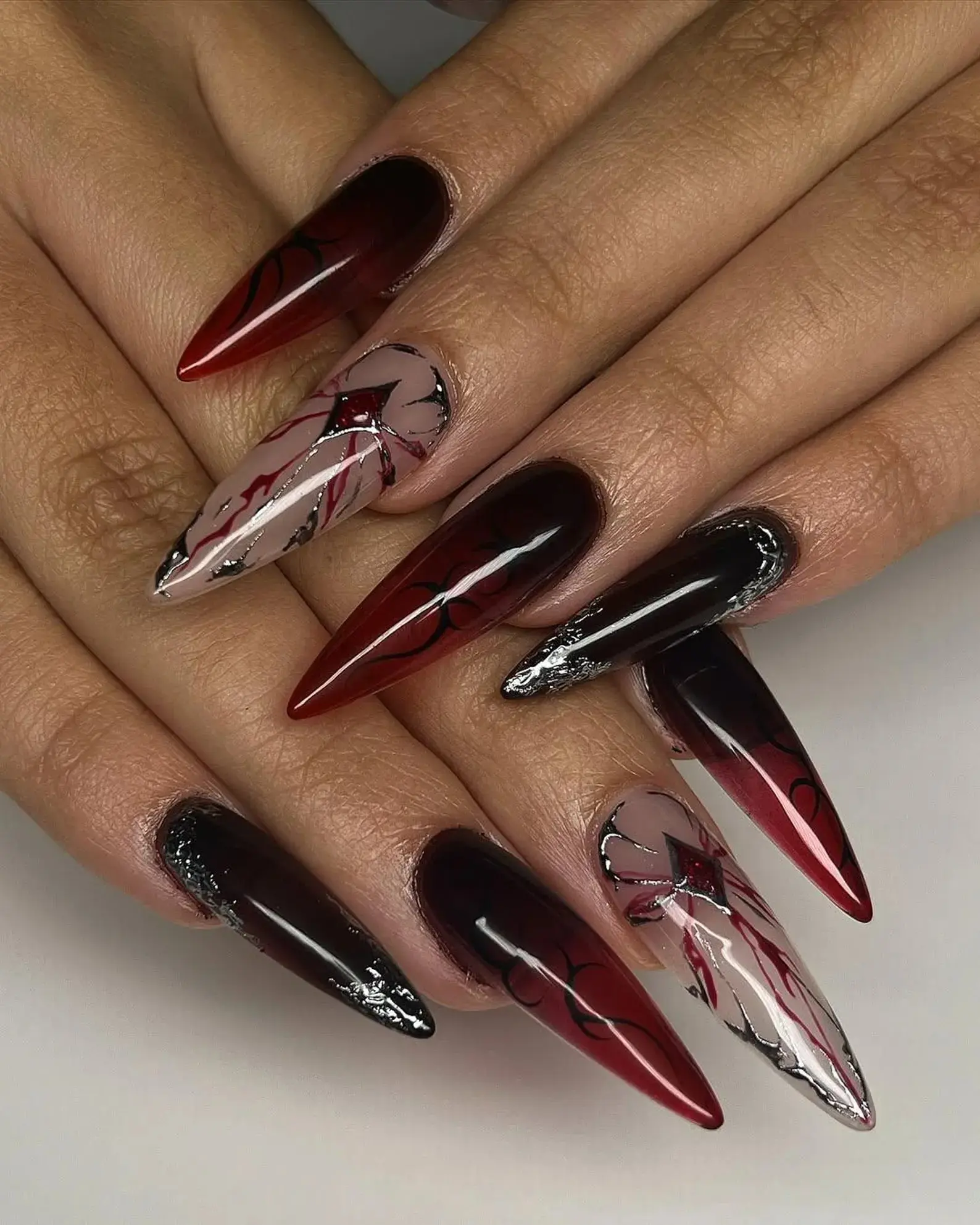 AngieNails – Sylus Love and Deepspace Nail Art | Vampire Romance Claws | Red Vein Gothic Fantasy | Sylus Inspired Nail Art – AN278