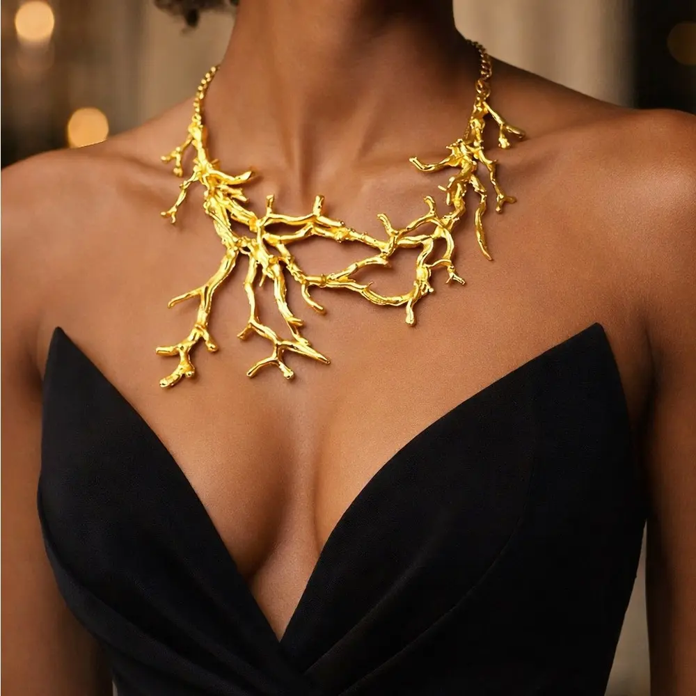 Gold Coral Branch Statement Necklace, Short Unisex Chain & Link Necklace with Metal Coating, Ideal for Wedding Occasions, Zinc Alloy