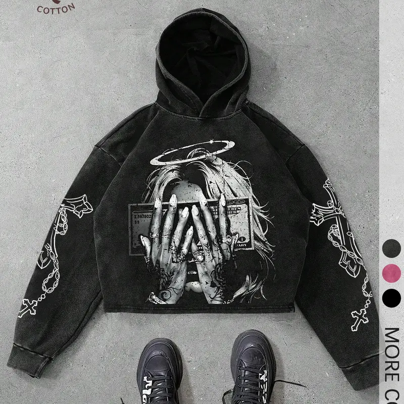 Men's Graphic Print Washed Distressed Drop Shoulder Hoodie, Regular Fit Street Fashion Casual Comfy Long Sleeve Hooded Sweatshirt for Daily Wear, Men's Clothes for Spring & Fall, Distressed Hoody