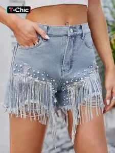 Women's Rhinestone Decor Fringe Trim Frayed Denim Shorts, Casual Jean Shorts, Casual Fashion Ripped Shorts for Daily Wear, Ladies Bottoms for All Seasons